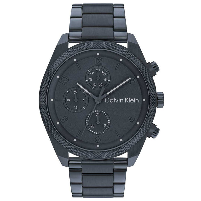 Calvin Klein Impact, front view, blue dial with three subdials, textured blue bezel, blue link bracelet